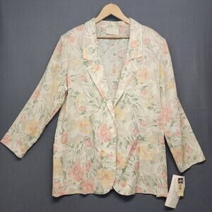 Vintage Womens 20W Flax Blend Floral Blazer Jacket Cottagecore Lightweight NEW